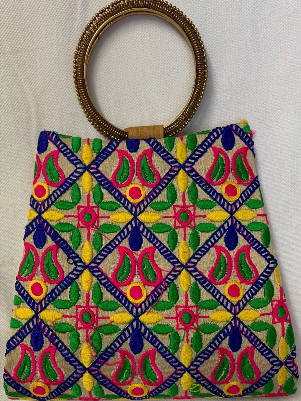 Embroidered Multicolor Ring-Handle Tote Bag